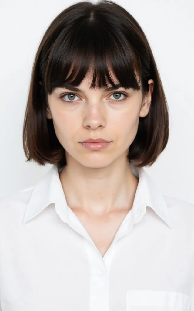 A French female model with Blunt bangs, wearing a shirt, against a white background, in a front   facing bust portrait